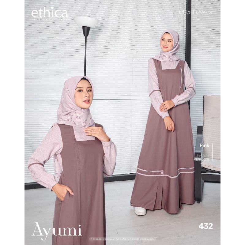 Ethica-Ayumi 432 Pink-Grey-Green Dalgona Valdena Gamis Wanita Dewasa Polos Kombinasi Dress Muslimah 