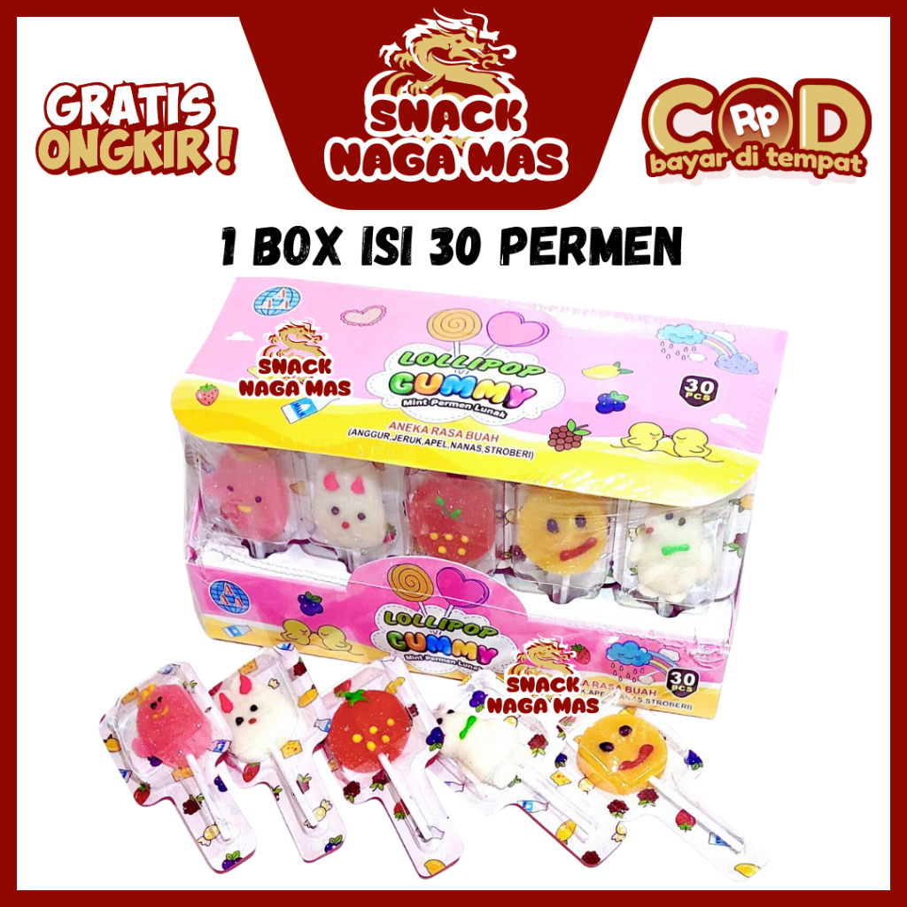 

pink PERMEN LUNAK LOLIPOP GUMMY ANEKA KARAKTER DAN RASA [1 BOX ISI 30]