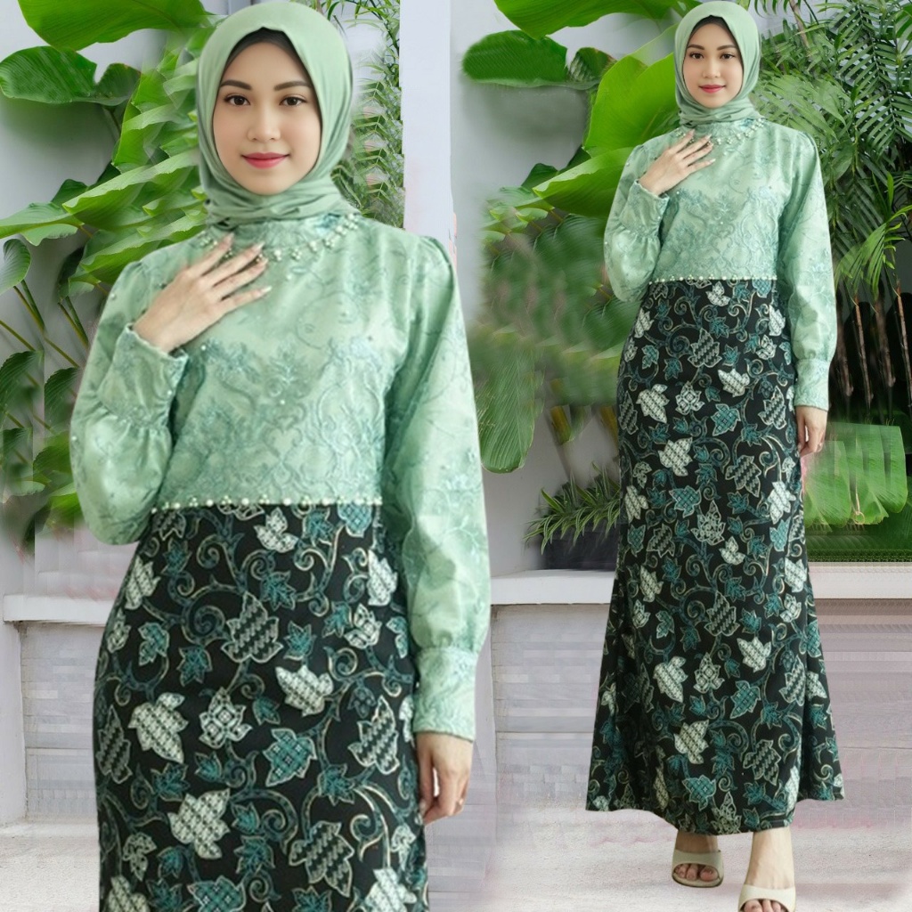 Dress batik brukat pesta wisuda wanita dress maxi casual gaun wisuda pepaya