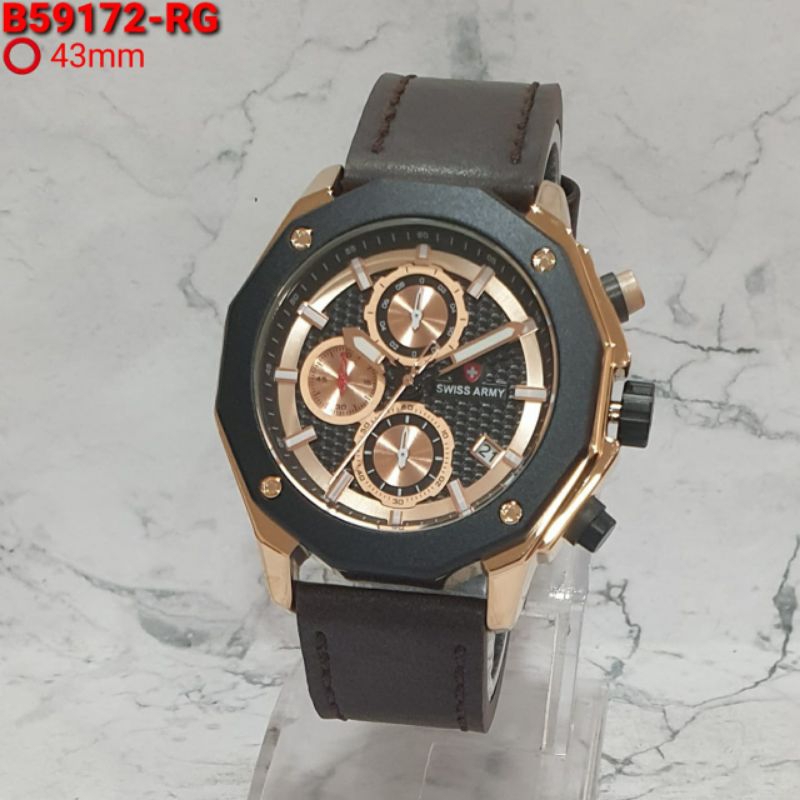 ( BISA COD )   Jam Tangan Pria/Cowok  SWISS ARMI 59172 Kulit Chrono Tanggal Aktif || Diameter 4.3cm 