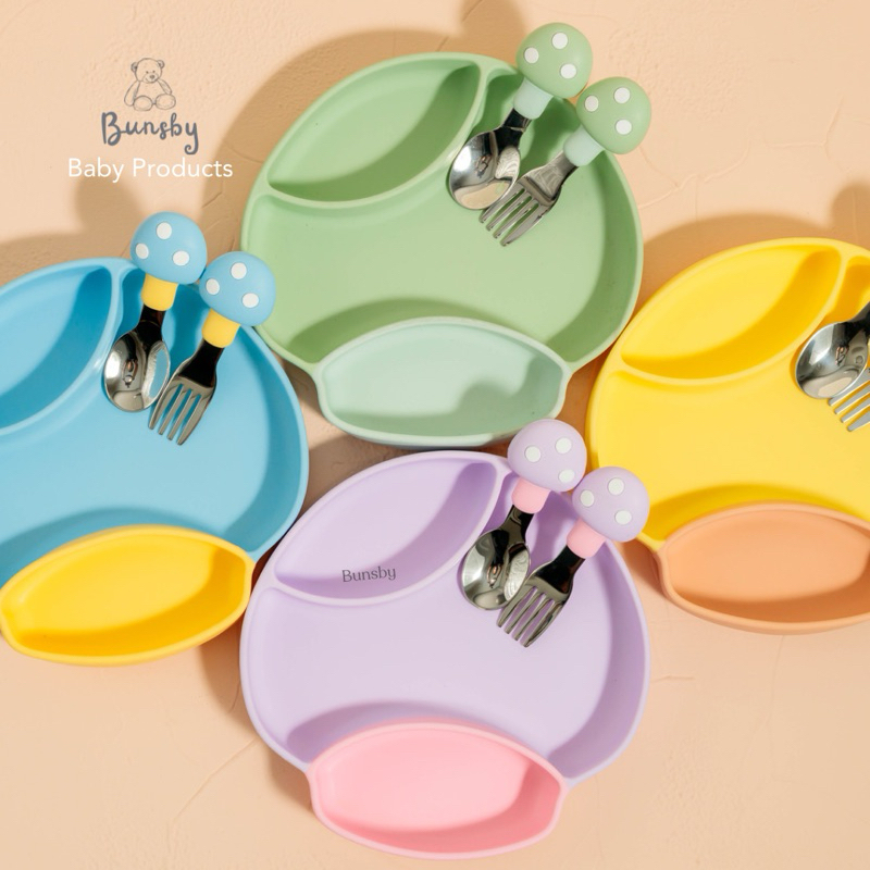 BUNSBY - Set Suction Plate Silicone Mushroom with Spoon Fork/Piring Silikon Bentuk Jamur dengan Send