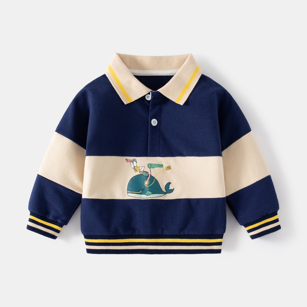 [Espaso] Baju Sweater Kerah Anak Laki-Laki Lengan Panjang Gambar Relax Whale Warna Navy