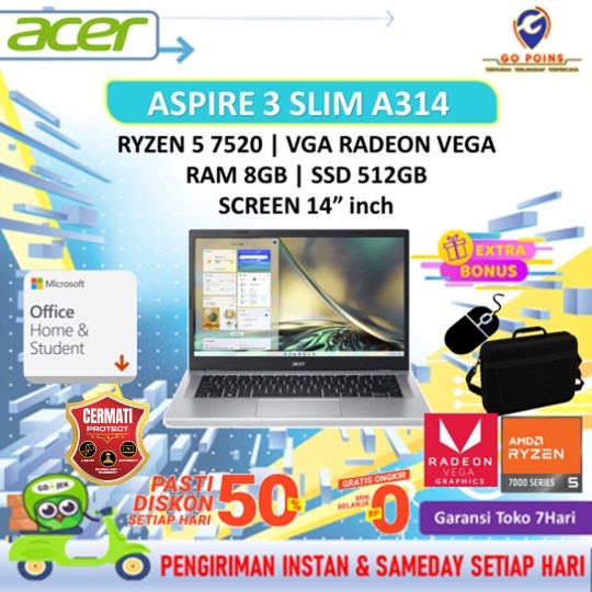 ACER ASPIRE 3 SLIM A314 23M RYZEN 5 7520 RAM 8GB SSD 512GB OHS21