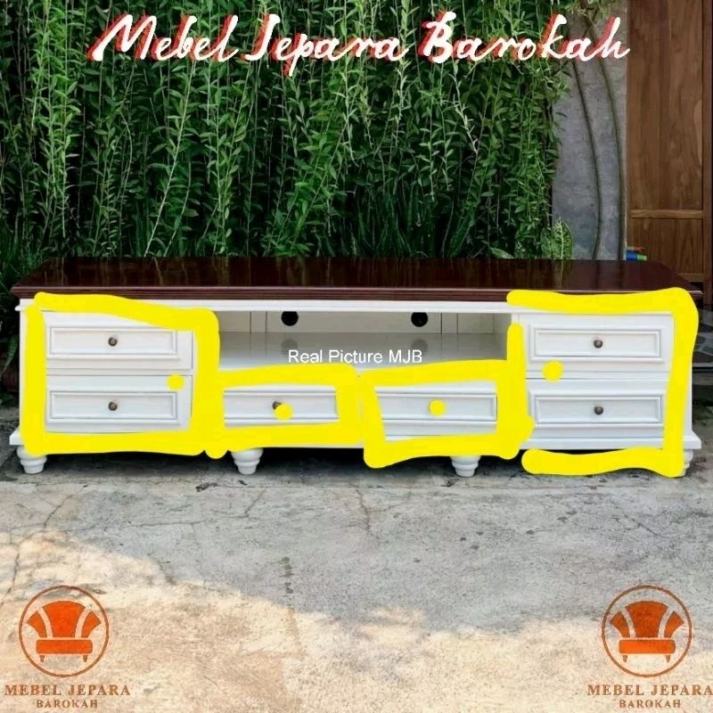 Bufet TV Klasik Kayu Jati Minimalis Meja Rak TV 2 Pintu 2 Laci Serbaguna