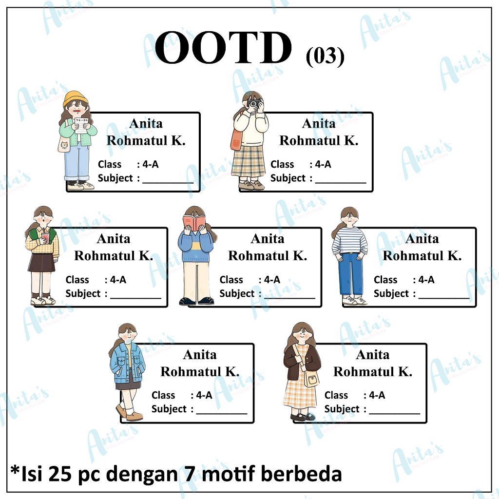 

25pc STIKER NAMA BUKU PELAJARAN ANAK SEKOLAH tema OOTD 03 | size S / 5x3 cm | CUSTOM