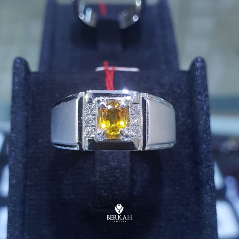 Cincin Pria Lelaki Perak Palladium Berlian Asli & Yellow Sapphire