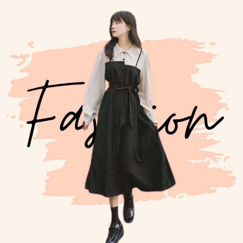 KENSHOP - Midi Dress Korean Style Dress Hitam Kemeja Kerah Wanita Retro Vintage