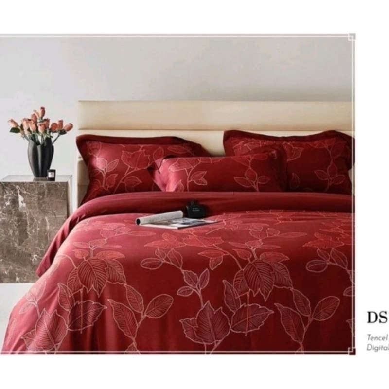 sprei sutra organik 60s merah maroon bunga extra sarung bantal