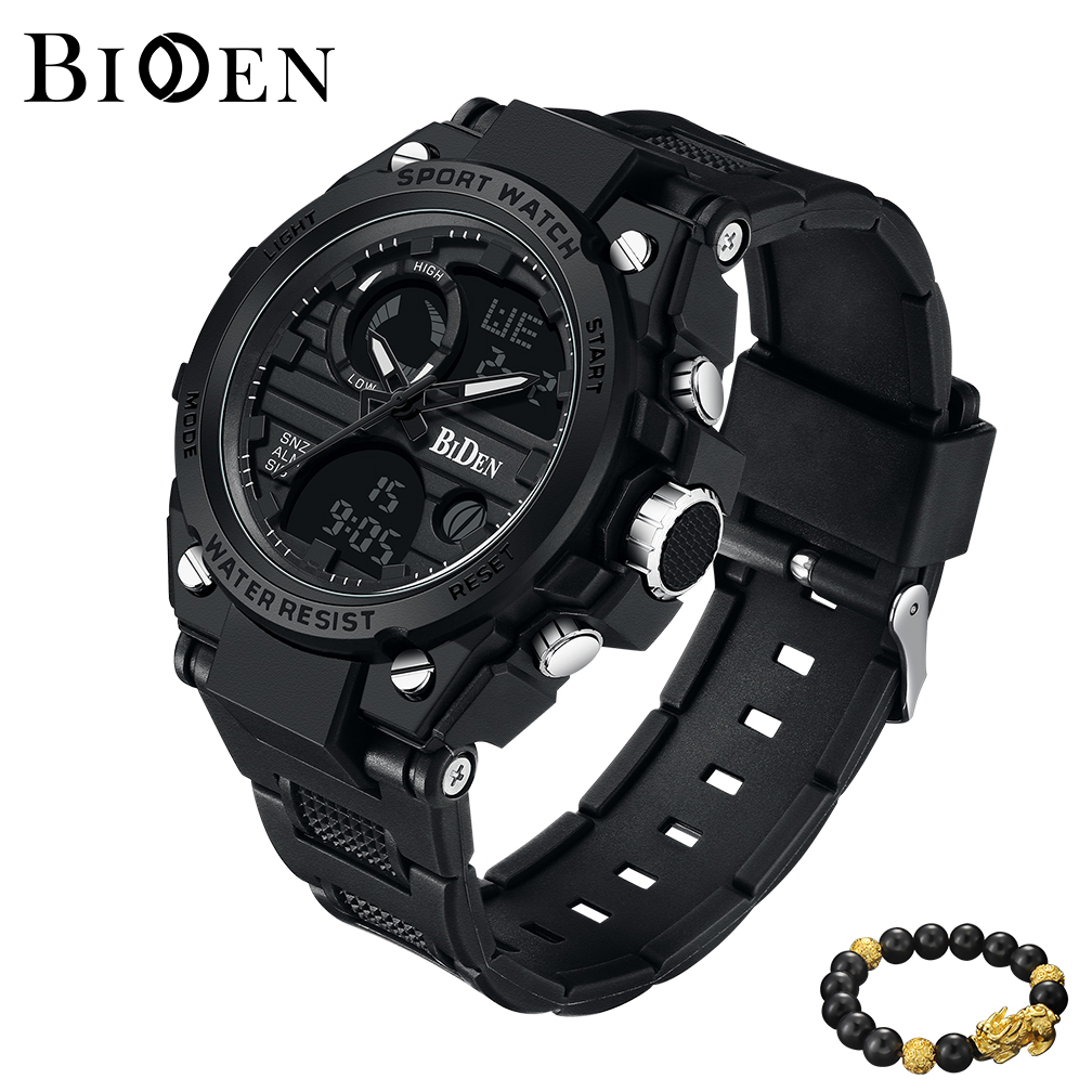BIDEN Jam Tangan Pria Olahraga Militer Anti Air Luminous Analog&Digital Tali Silikon Multifungsi Jam Tangan Cowok Original-Black