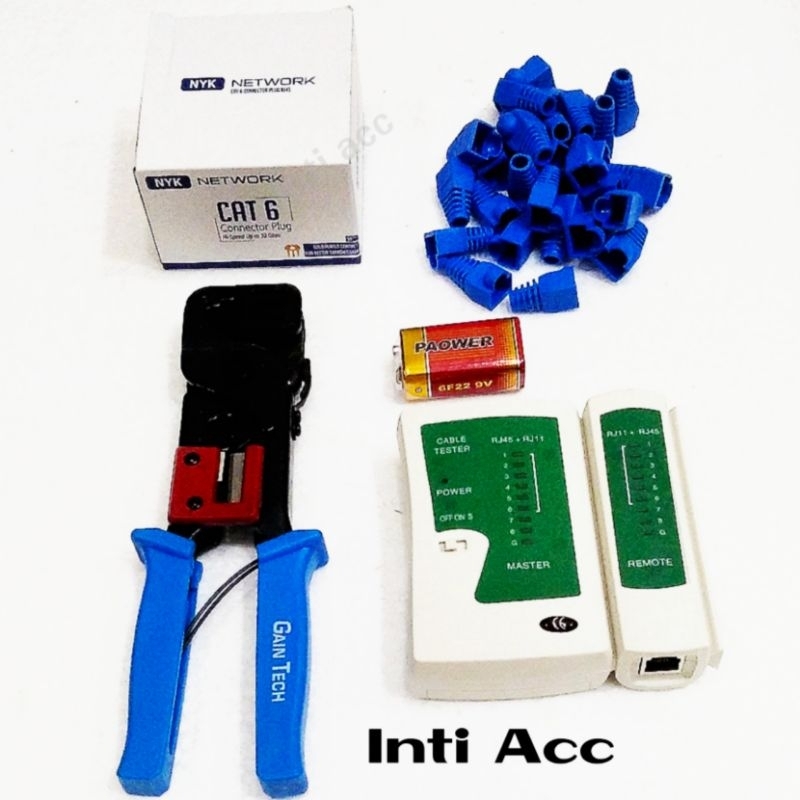 Paket Tang Crimping Tool Gaintech + Lan Tester + RJ45 CAT6 + Plugboot RJ45