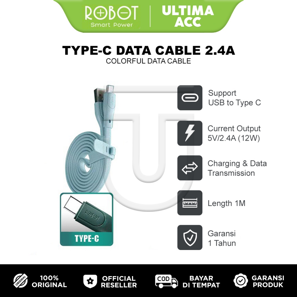 ROBOT Kabel Data Type C RGC100 Kabel Charger Casan HP Quick Charge