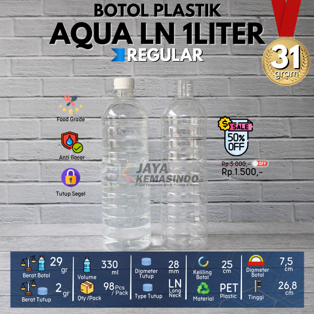 Botol plastik PET 1liter 1000ml aqua minuman mineral jus susu kopi minyak tutup LN warna-warni