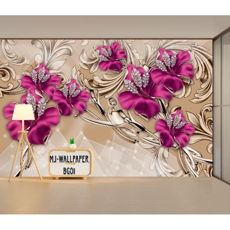 wallpaper dinding 3D kamar tidur, custom motif bunga visual 3D, wallpaper dinding 3D terbaru