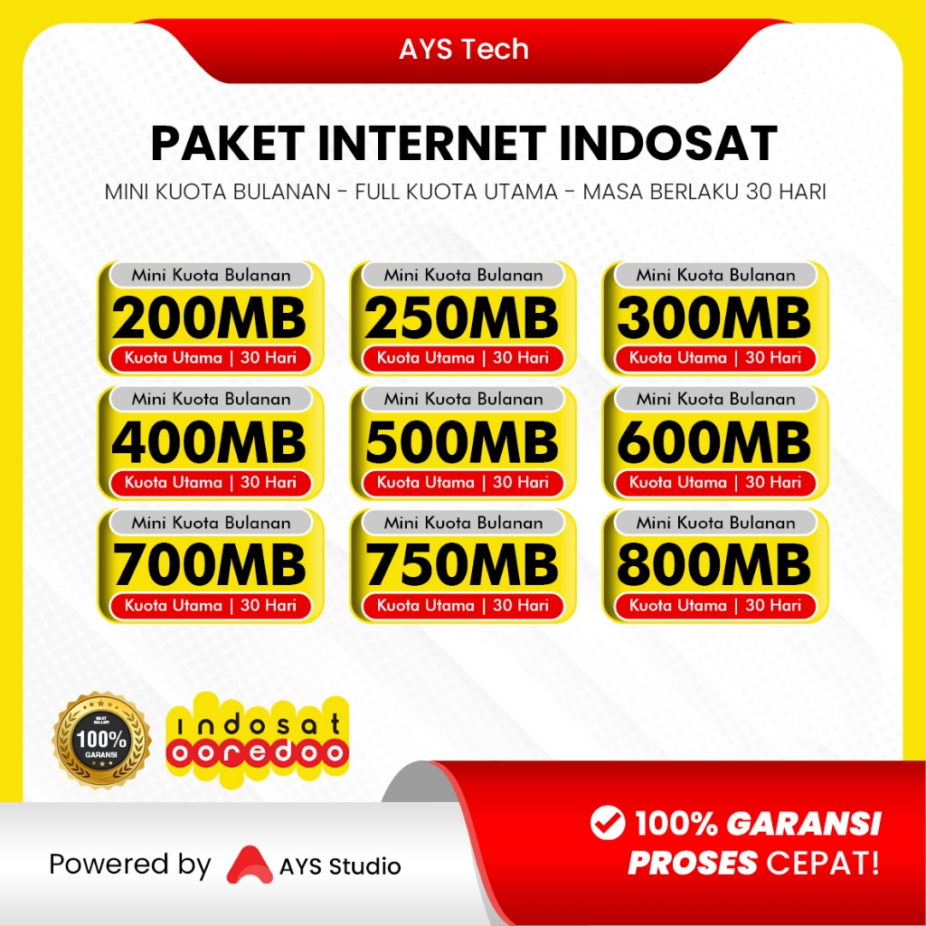 Paket Data Indosat Kuota Mini Bulanan 100MB 200MB 250MB 300MB 400MB 500MB 600MB 700MB 750MB 800MB