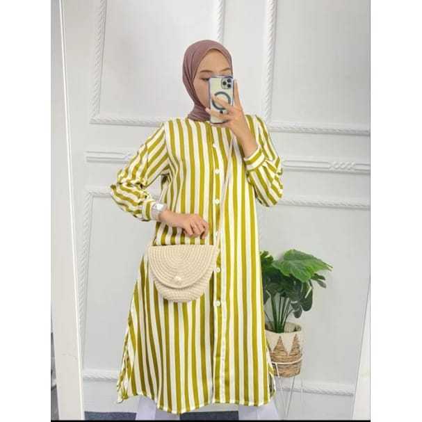 Long Tunik Salur Shakila Terbaru 2024 Import Jumbo Full Kancing Korea Style Elegan Murah Tapi Mewah