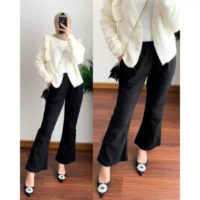 Hafidzah.id - Celana Cutbray Basic Pants Wanita Pinggang Karet Katun Twill Combed Stretch