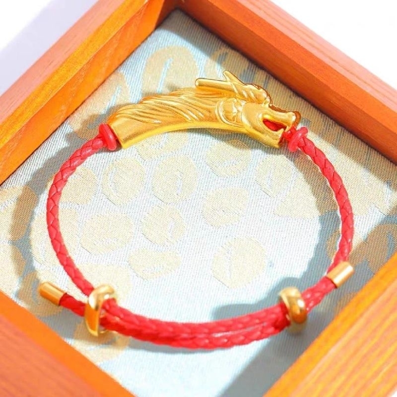 Gelang Kulit Bandul Kepala Naga Gold Feng shui Dinasty Original