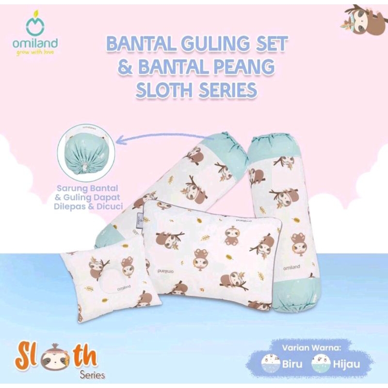 Omiland Bantal Guling Set + Bantal Peang Sloth Series Biru Hijau / Omiland Bantal Guling Set Karakte