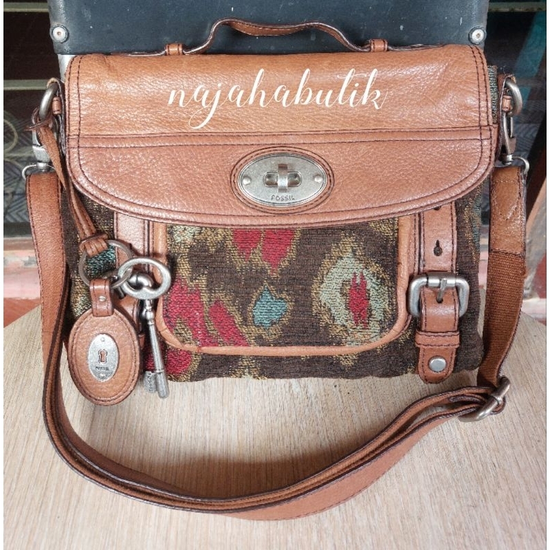 tas fossil maddox tapestry turnlock messenger original authentic preloved second rare