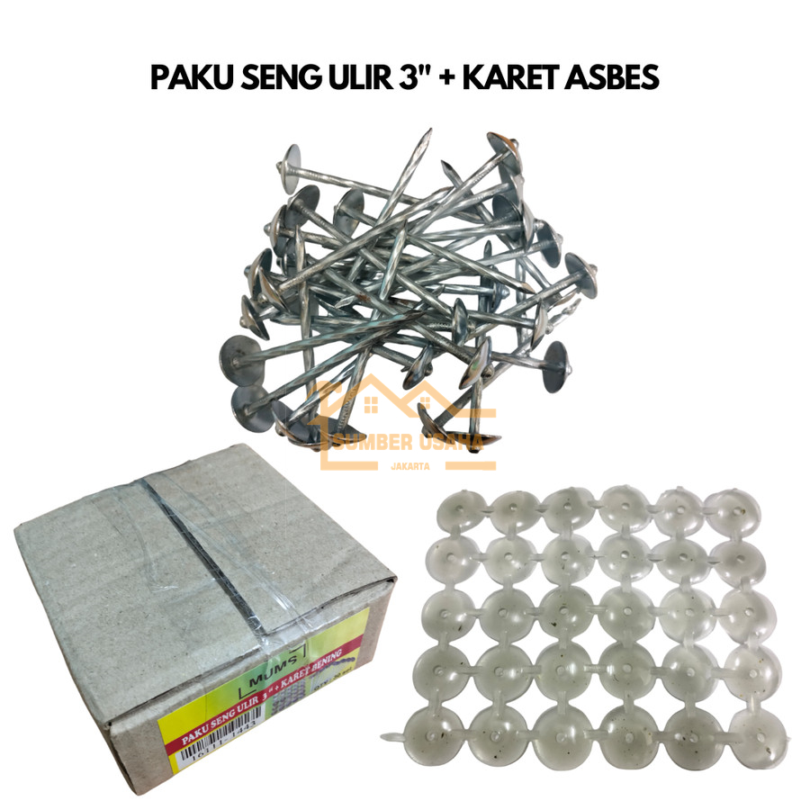Paket Per 30 Pcs Paku Seng Ulir 3" Inch 7.5cm MUMS + Karet Asbes Bening Transparan / Karet Seng Seal