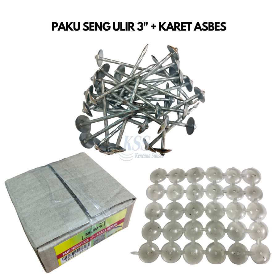 Paket Per 30 Pcs Paku Seng Ulir 3" Inch 7.5cm MUMS + Karet Asbes Bening Transparan / Karet Seng Seal