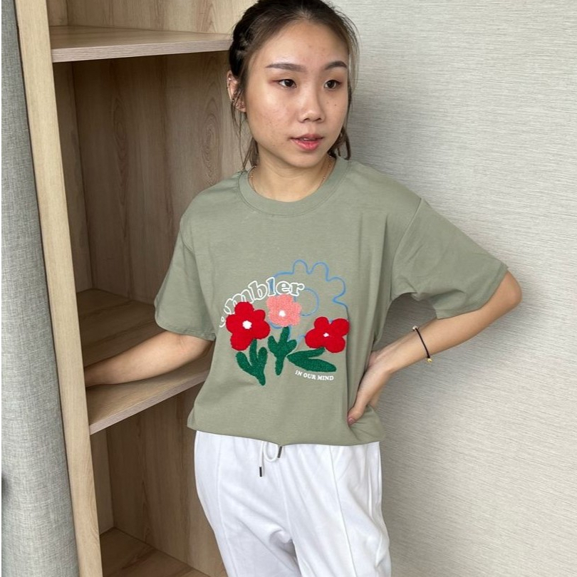 Cotton Daily - Kaos Ambler Bordir Bunga Timbul /Kaos Katun Wanita Premium /T-shirt Premium /Kaos Wan