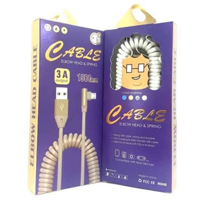 Data Cable Elbow Head & Spring Micro-USB/Lightning 1.5m 3A