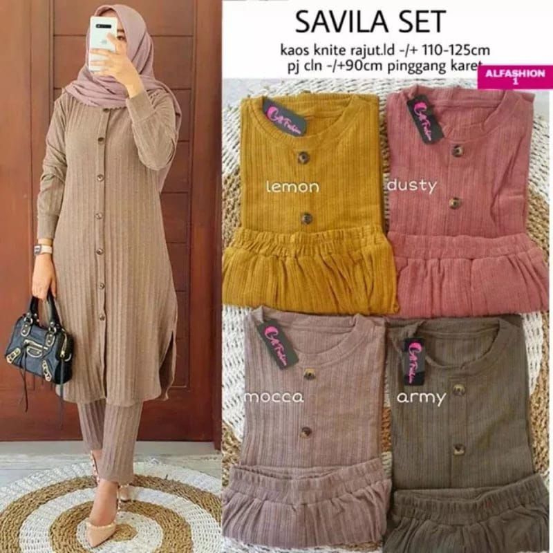 SETELAN JUMBO SAVILA SET BAJU MUSLIM WANITA TUNIK PANJANG FULL KANCING