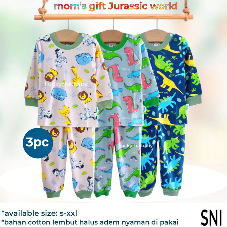 KODE M32H 3pcs moms gift setelan panjang anak 4 tahun motif dinoland Jurassic worldTHE JUNGLElionang