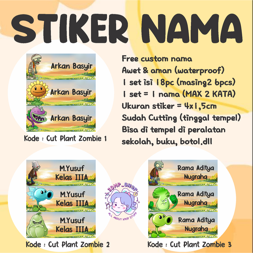 

Stiker label nama custom request buku botol cutting anak perempuan sd laki laki pria muslim Plant vs Zombies tom hero