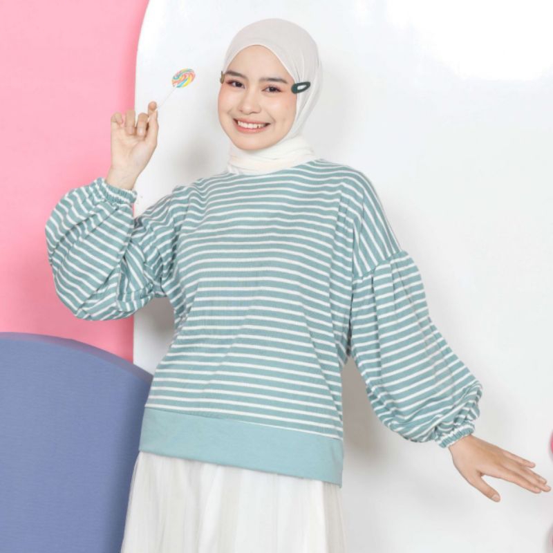 Mybamus Balloon Stripe Wrinkle Tops - Mint Myfashop