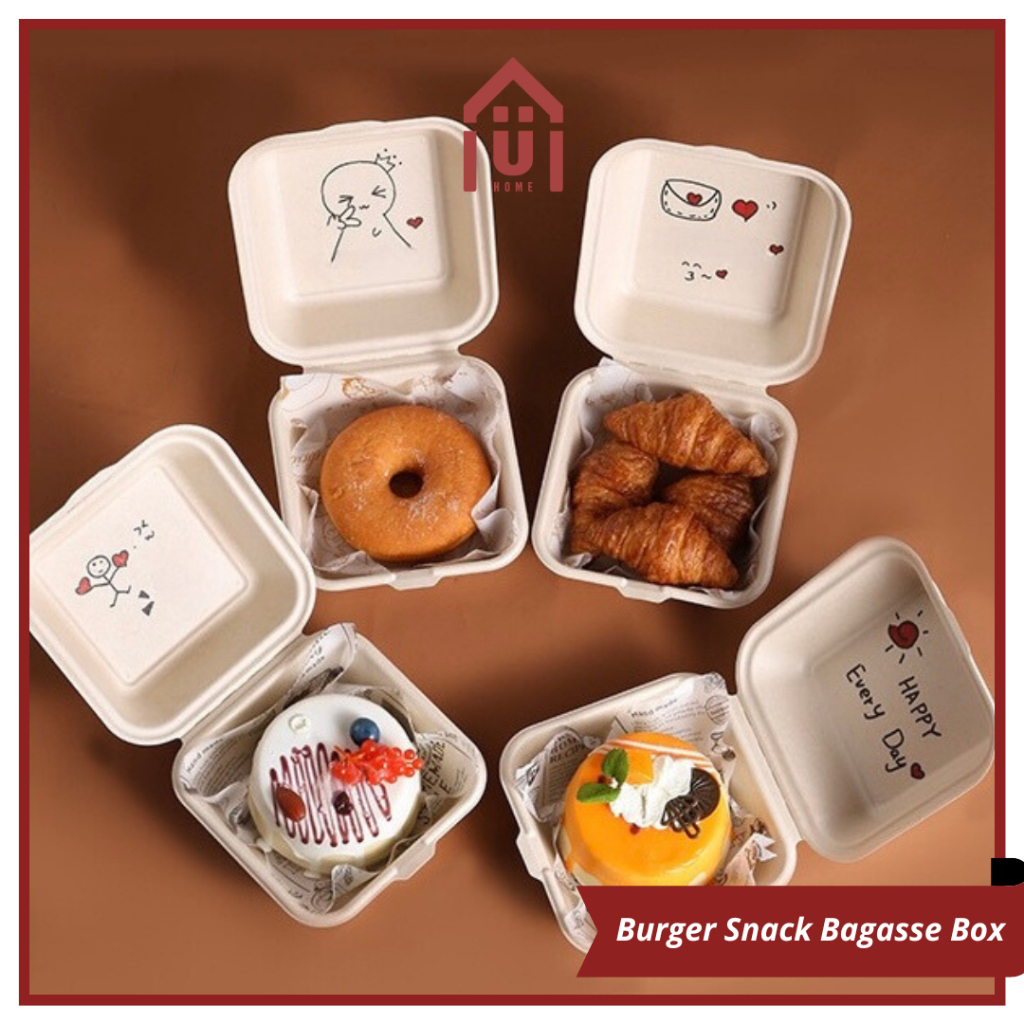 UNISO - BAGASSE BURGER BOX MINI KOREAN BENTO CAKE BOX KOTAK BURGER KECIL SERAT TEBU ECOFRIENDLY