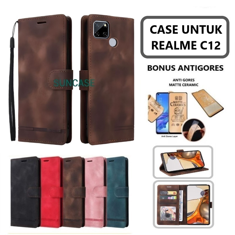 Casing hp REALME C12 model flip dompet softcase premium ada tali dan dapat anti gores