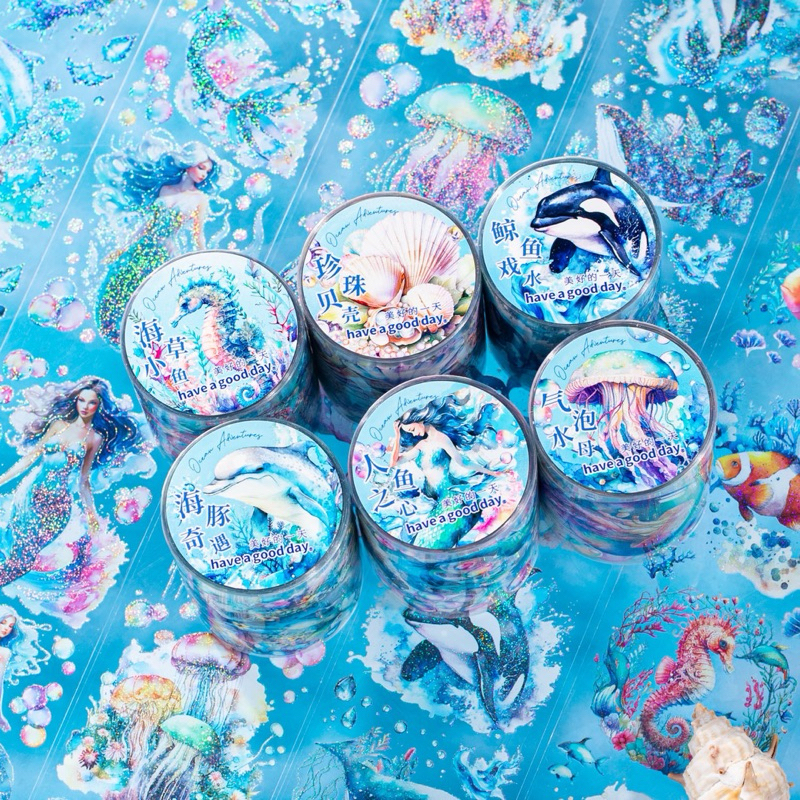 

(1EB) washi tape selotip hologram laut mermaid putri duyung ikan sea jellyfish ubur ubur journaling