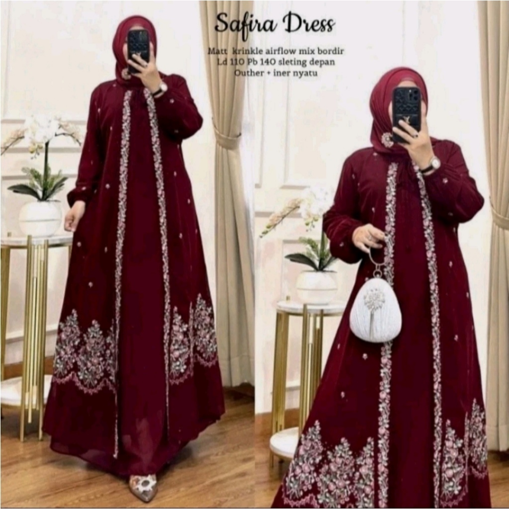 Safira Dress / Gamis Bordir Crinkle Airflow Jumbo Syari Terbaru/ Dress Import Obral/ Gamis Crinkle J