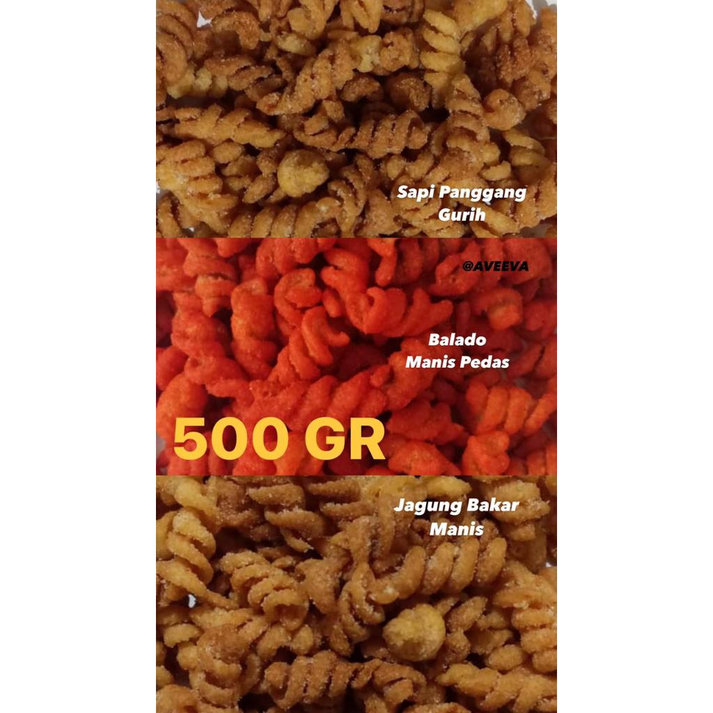 

MAKARONI SPIRAL PANGGANG 500 Gram / Snack spiral Rasa Balado/Jagung Bakar/Sapi Panggang AVEEVA