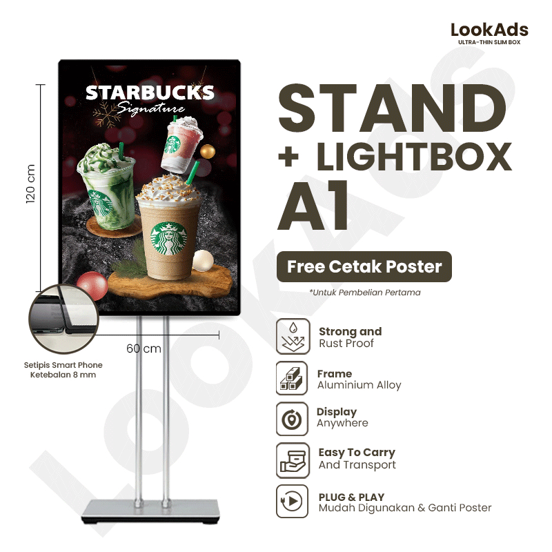 Set Aluminium Stand & Light Box A1 / Paket Neon Box Promosi / Paket Set Stand Untuk Menu Resto