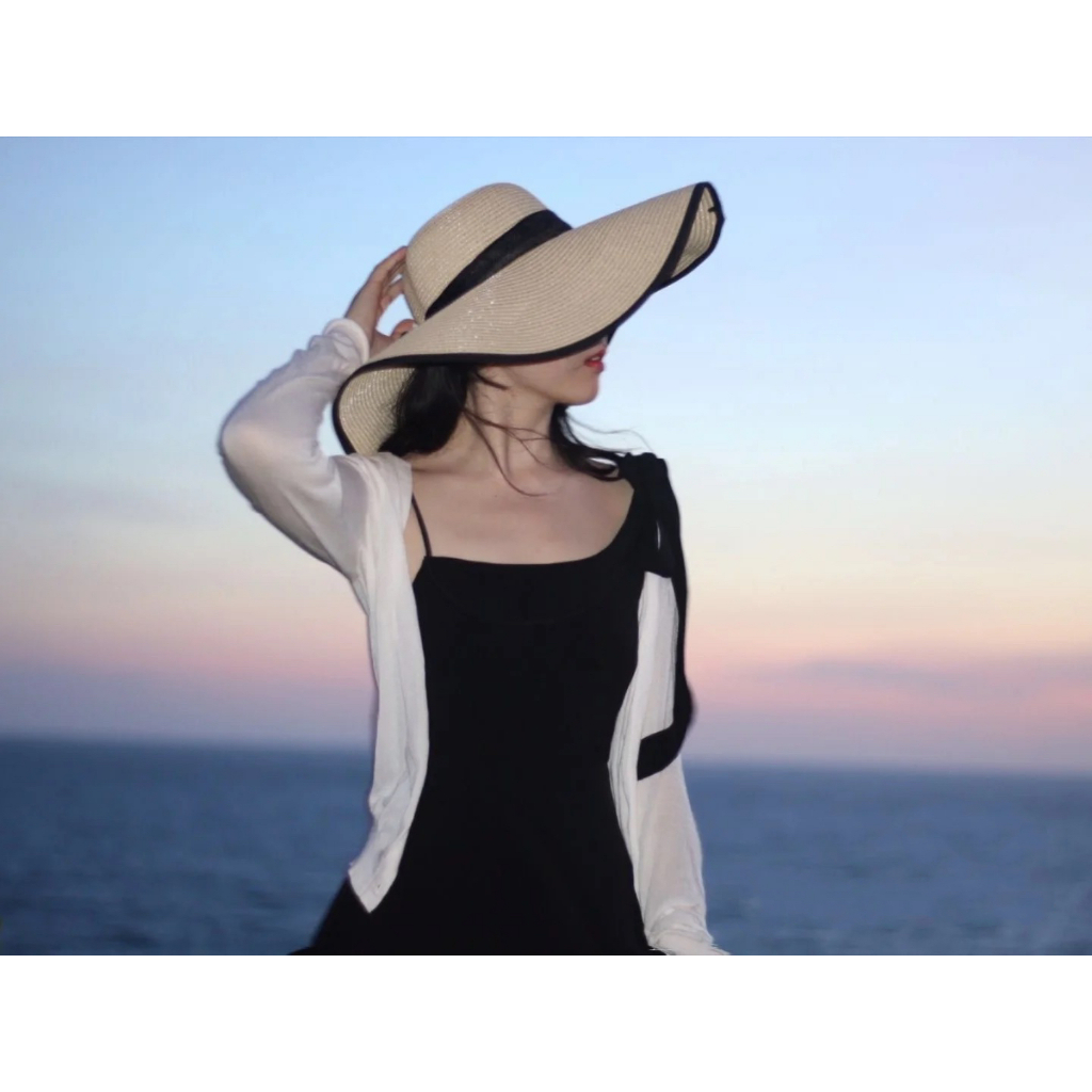 Topi Pantai Lebar Bahan Raffia Premium List Hitam / Topi Pantai Lebar / Topi Pantai Lipat T92