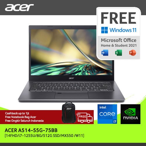 (FREE MOUSE WIRELESS & HEADPHONE) ACER LAPTOP ASPIRE 5 SLIM A514-55G-75BB 14"FHD INTEL CORE I7-1255U