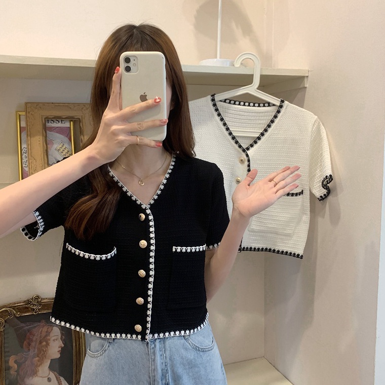 Rekomendasi Atasan crop top kardigan rajut wanita lengan pendek Korean style cardigan rajut