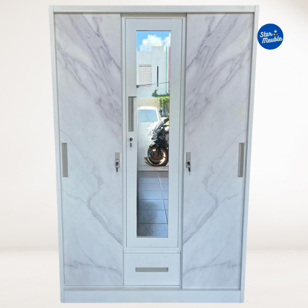 Lemari Besi 3 Pintu Sliding Marble Lemari Baju Pakaian Besar - Star Meuble Semarang