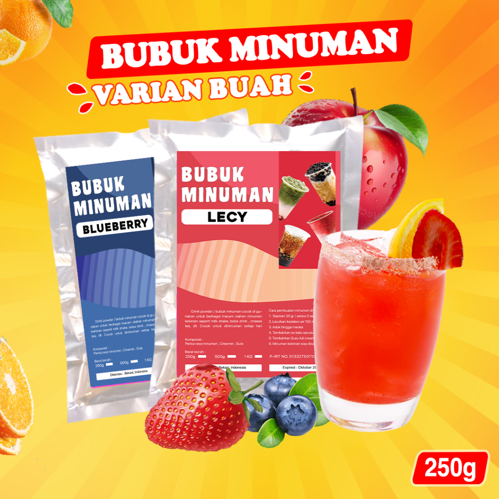 

BUBUK MINUMAN RASA 250GR / SERBUK MINUMAN VARIAN BUAH 250GR / BUBUK MINUMAN ANEKA VARIAN BUAH 250GR