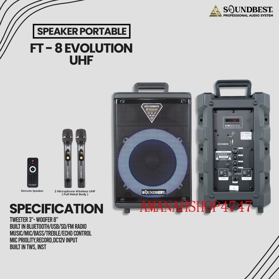Speaker Portable SOUNDBEST FT8 FT 8 FT-8 ORIGINAL 8 inch USB Bluetooth