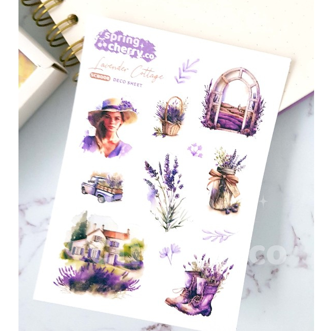 

LAVENDER COTTAGE sticker deco sheet [SPRINGCHERRY] A6 journaling planner laptop waterproof premium vinyl glittery glitter strong jurnal bujo bullet cahol notebook beautiful estetik aesthetic eiffel girl peach flower ribbon ungu lilac purple garden view