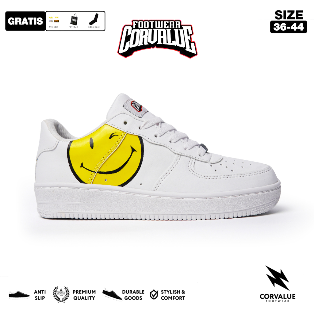 CORVALUE - Sepatu Sneakers Kasual Corvalue Footwear Unisex Pria Wanita Hiratsuka 025 Full White Smil