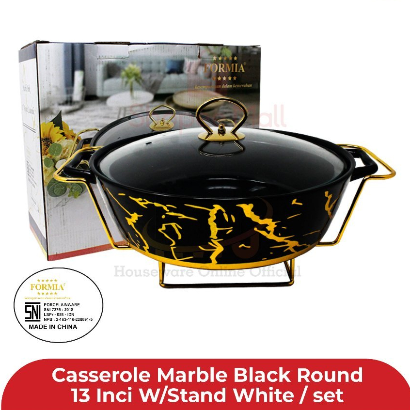 Prasmanan / Wadah Saji Basi Keramik Bulat Set Motif Marble FORMIA - HITAM