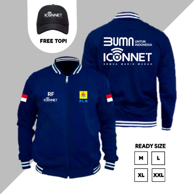 Jaket Varsity Logo PLN Iconnet Custom Desain Logo Free Topi