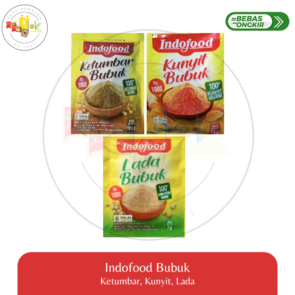 

Indofood Ketumbar Bubuk, Lada Bubuk, dan Kunyit Bubuk per sachet