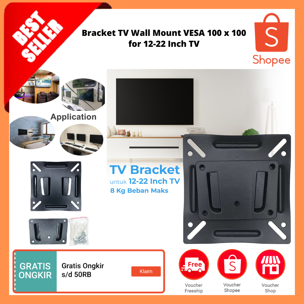 Bracket TV Wall Mount VESA 100 x 100 for 12-22 Inch TV / Panel Datar Dudukan TV Terpasang Di Dinding