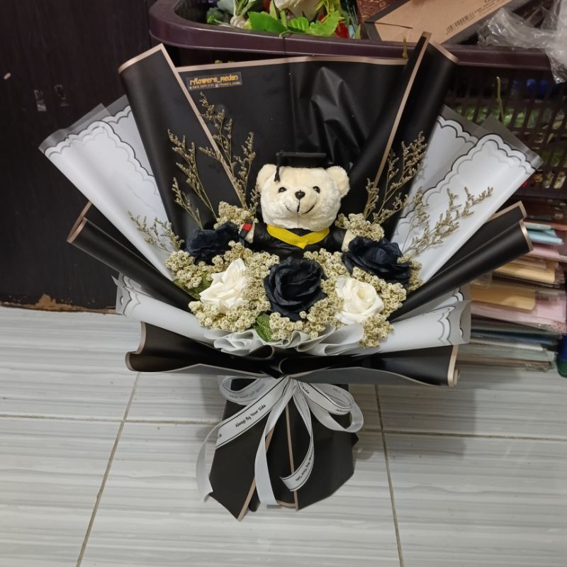 termurah buket bunga edelweis + boneka wisuda 15cm